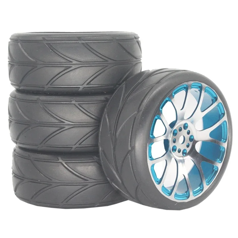 1/10 Scale RC On-Road Wheel & Tire Pair | CNC Aluminum Alloy Rims 12mm Hex Hub for Tamiya TT-01 TT-02 XV-01 PTG-2 HSP Drift Car