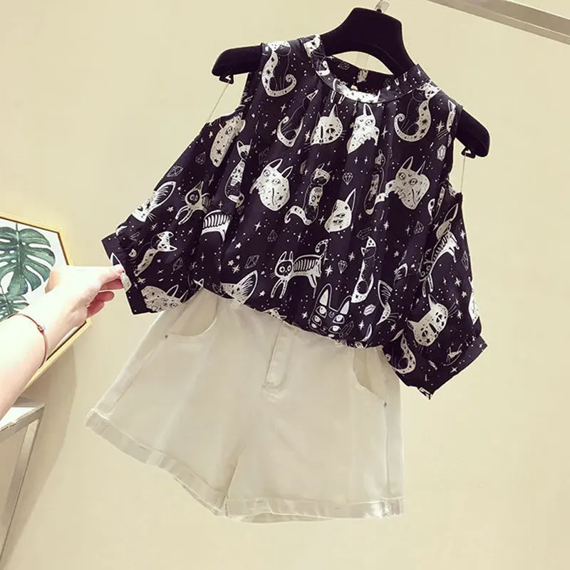 Fashion Hand-Painted Cat Printed Shirt Women's Clothing Elegant Off Shoulder Stand Collar Summer Korean Commute Loose Blouse New