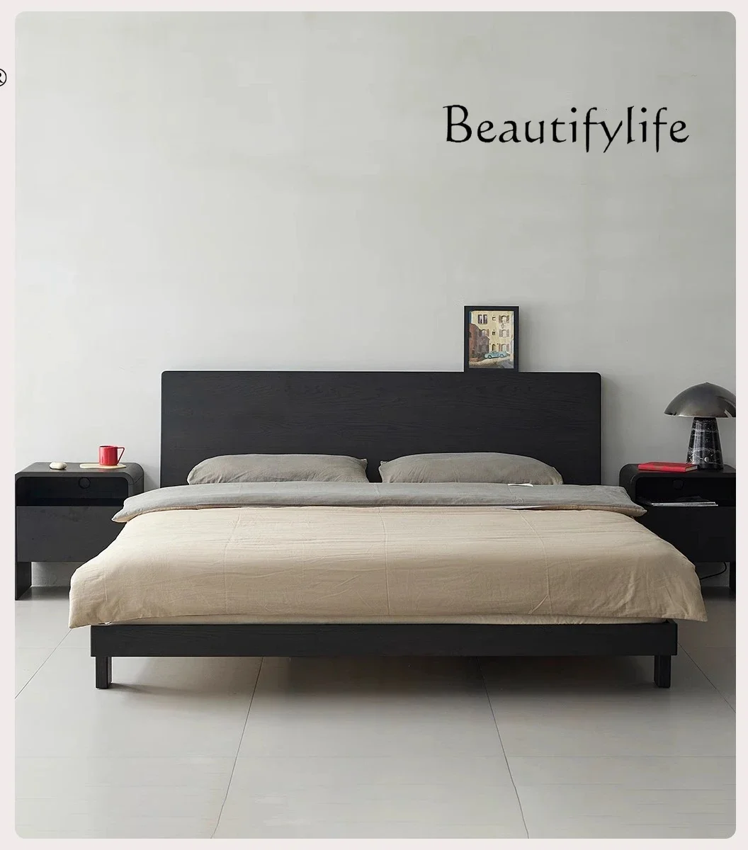 R Black Solid Wood Bed Nordic Master Bedroom Furniture Simple Retro 1.8 Meters Double Bed Small Apartment Large Board Bed