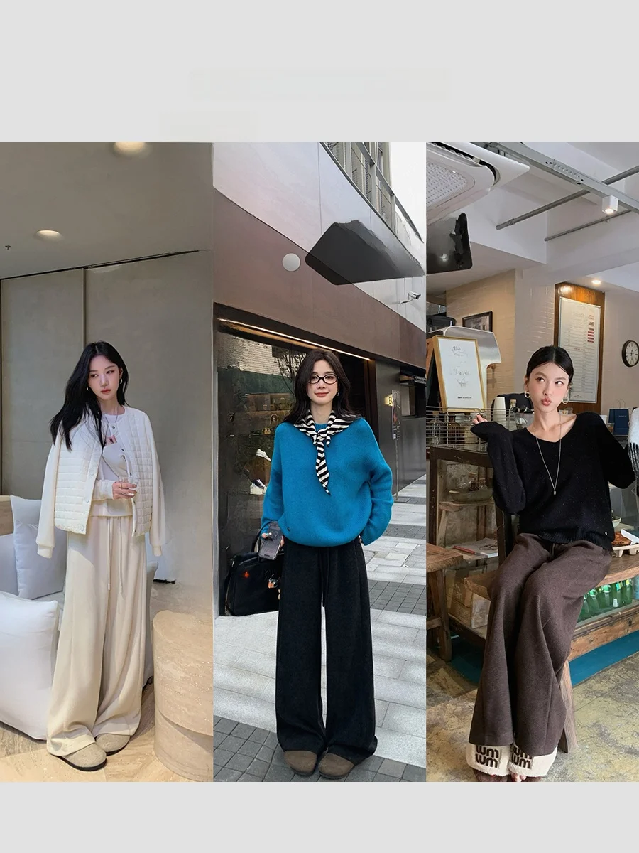 High Waist Straight Leg Wool Trousers Women's Casual Wide Leg Pants Silk Design Acetate Polyester Rayon Nylon Winter 2024