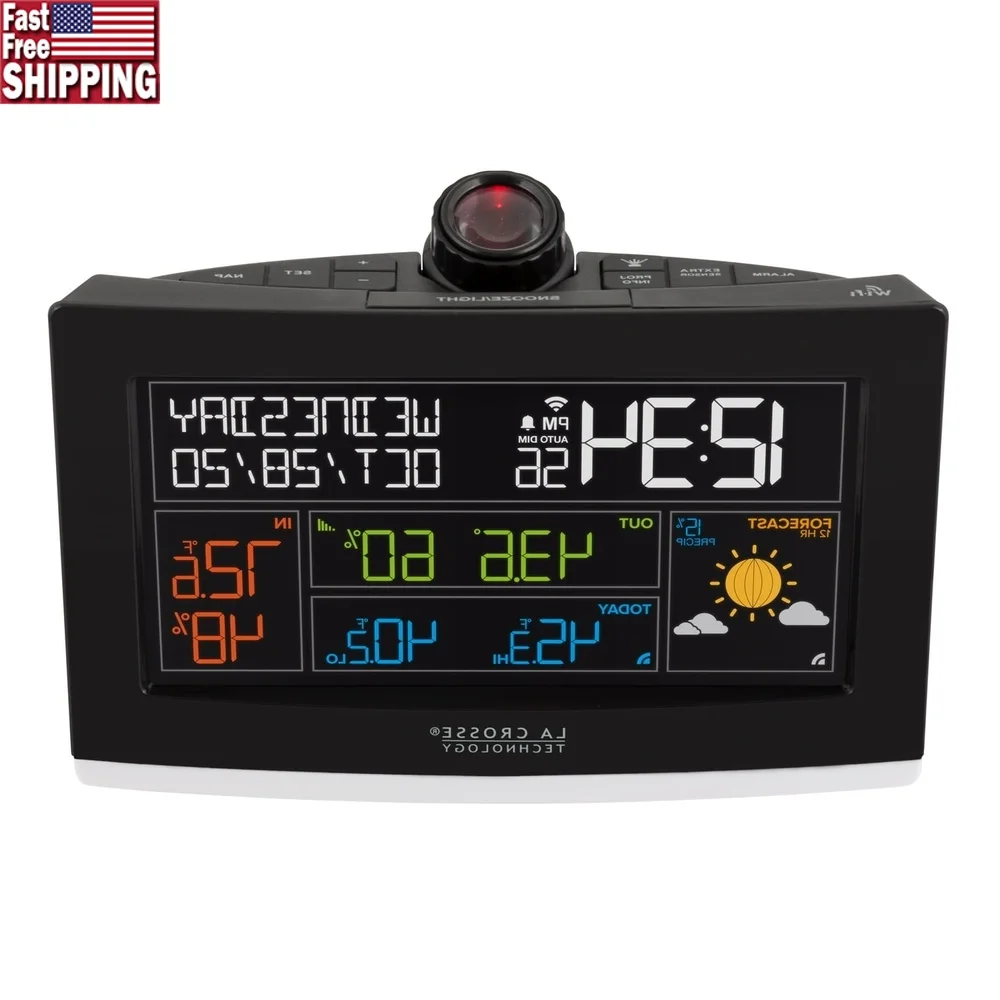 

Wi-Fi Projection Alarm Clock with Weather Monitoring USB Charging Backup Battery Remote Monitoring App Adjustable Projection Nap