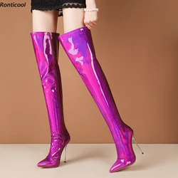Ronticool Coo Women Glossy Over The Knee Boots Flexible 12 Cm High Heels Pointed Toe Purple Gold Pink Red Party Shoes Size 5-13