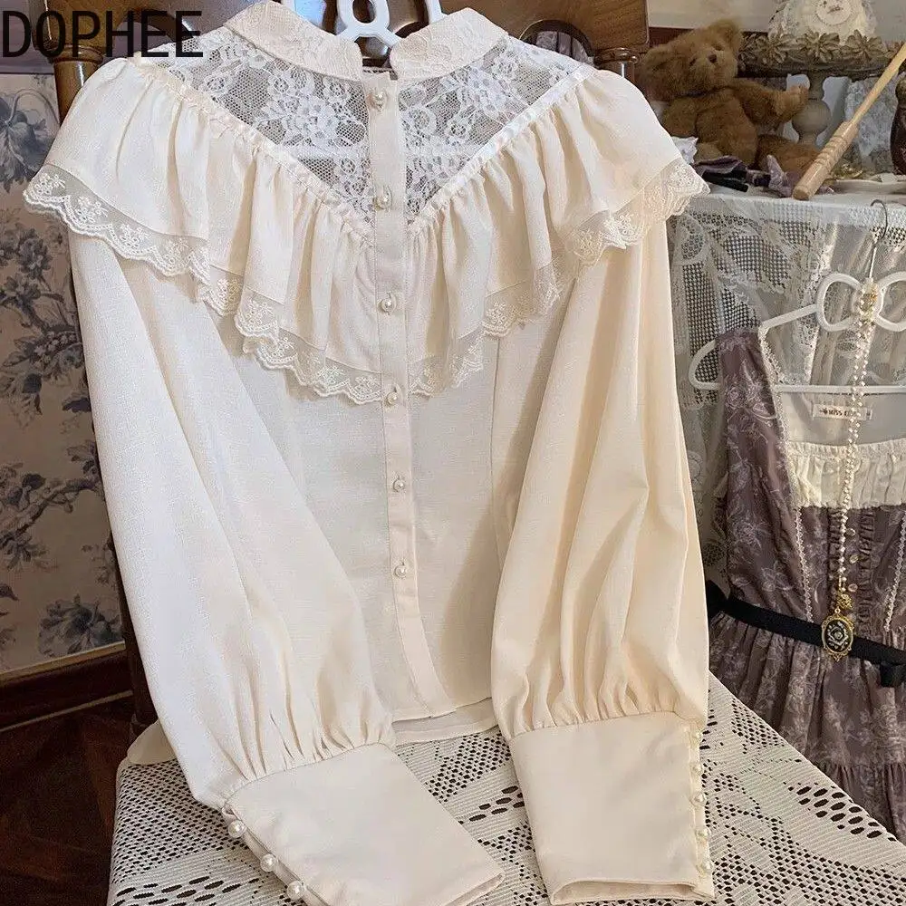 

Original Vintage Palace Stand Collar Long Sleeve Women Blouses Perspective Lace Splicing Elegant Lantern Sleeve Shirt Lolita Top