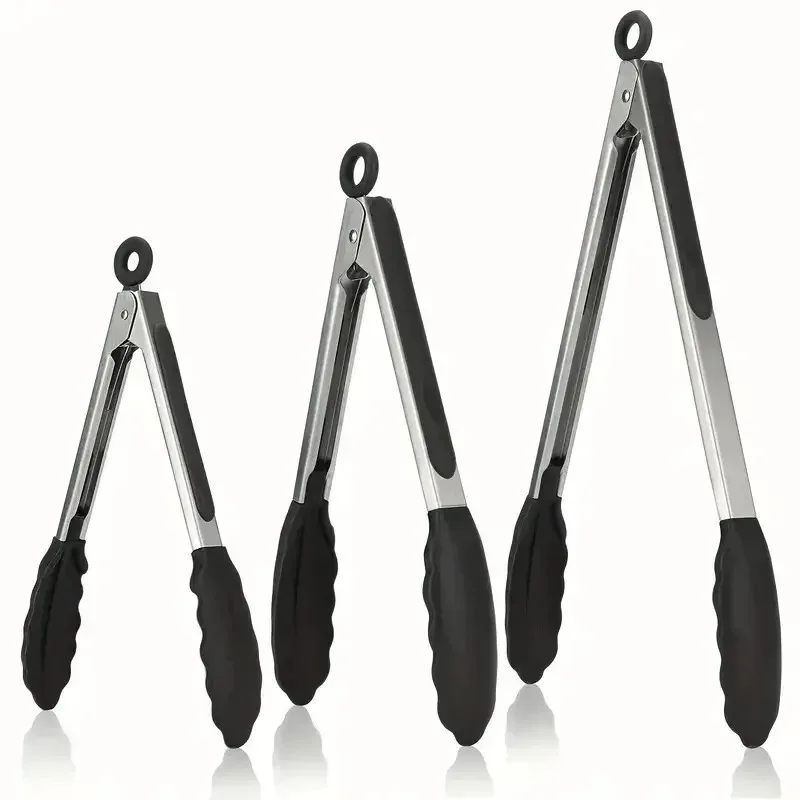 High Heat Resistant Locking Design Secure Grip Duty Stainless Steel Kitchen Tongs 3 Size Available Heavy with Silicone Tips
