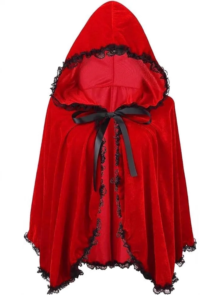 90CM Halloween Little Red Riding Hood Cosplay Costume Short Hooded Red Cloak  Performance Christmas Lace Trim Robe