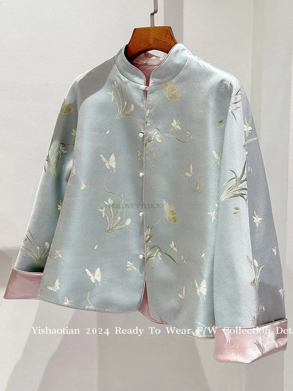 Chinese Style Popular Fashionable Chinese Tang Suit Top Sweet Elegant Temperament Women Long Sleeves Butterfly  Jacquard Coat