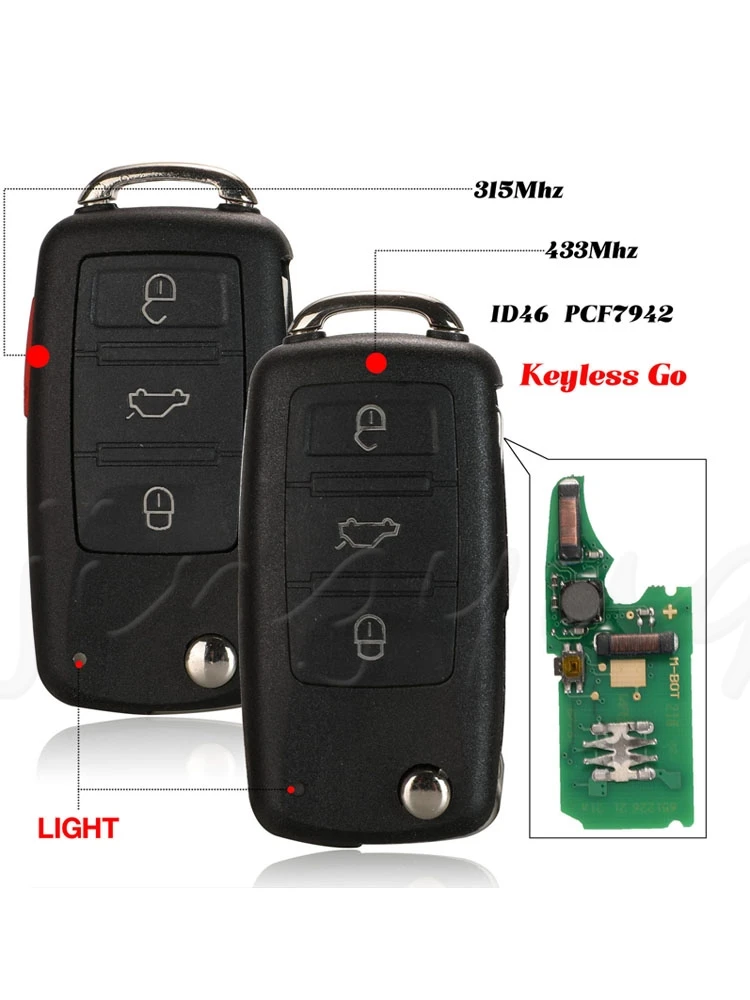 

jingyuqin Remote 315/433mhz id46 pcf7942 Control Folding Car Key For VW Polo Golf MK6 Tiguan Touareg ... 202AD 202H 202Q