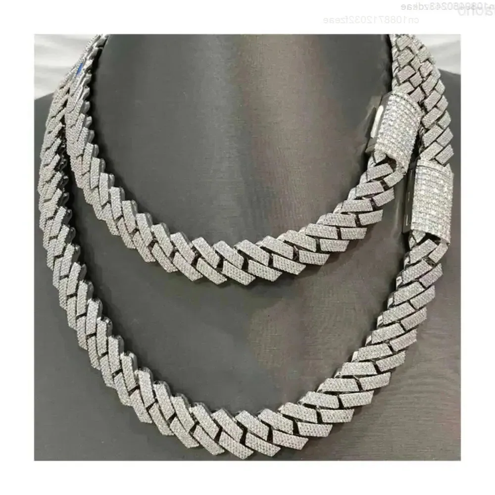 

14mm 3 Row Miami Cuban Link Chain Vvs Moissanite Diamond Stubbed 925 Sterling Silver White Gold Plated with Baguette Lock.