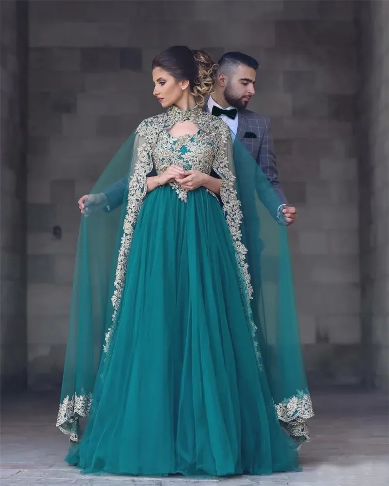 Gaun malam Muslim Arab Formal panjang sederhana applique renda sampanye Teal Tulle gaun pesta Prom dibuat sesuai pesanan