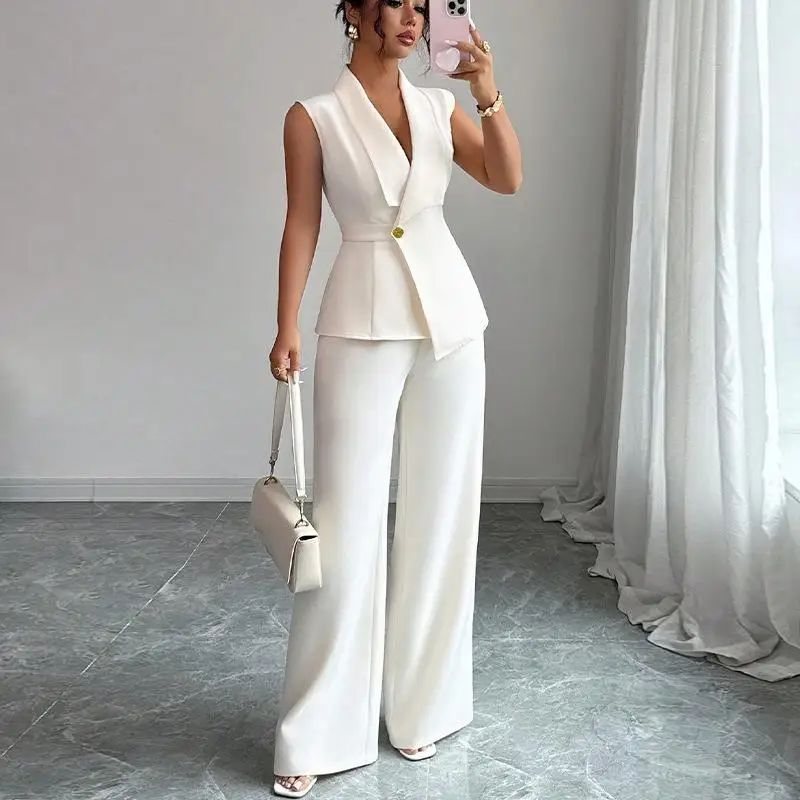 

Elegant Pure Color Women's Long Pants Suit Straight Leg Autumn Outfit Fashionable Mid-aged PVC Fabric Batwing Style