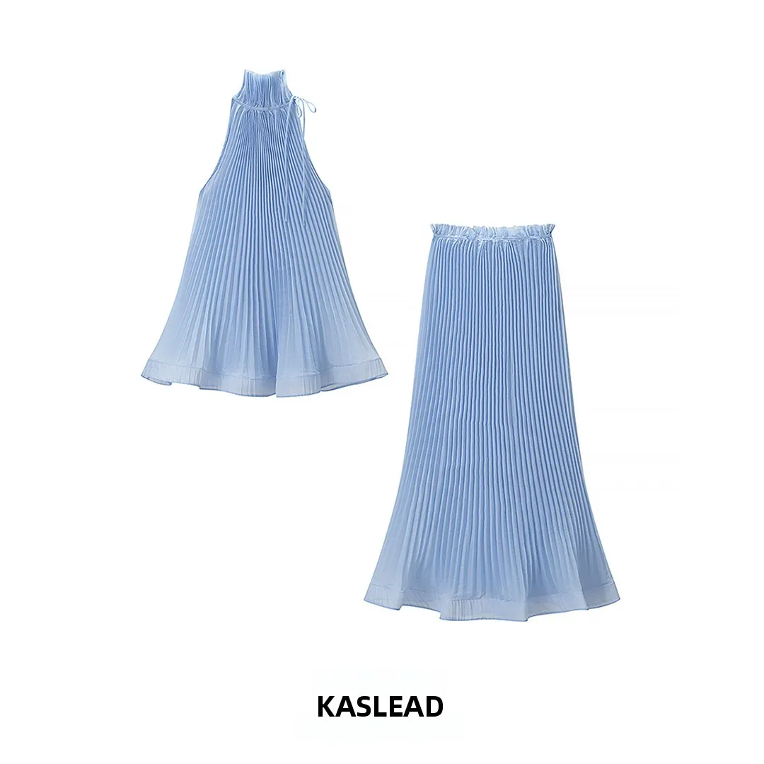 

KASLEAD New Fashion Simple Hanging Neck Style Top And Half Skirt Set Women's Spring Season Two-Piece Set Elegant Classy