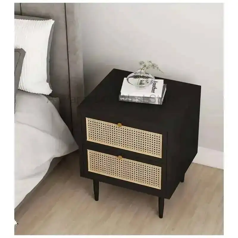 

Bedside Retro Rattan Tables Black Weaving Simply Nightstands for Bedroom Furniture Modern Night Stands Mini Storage Cabinet