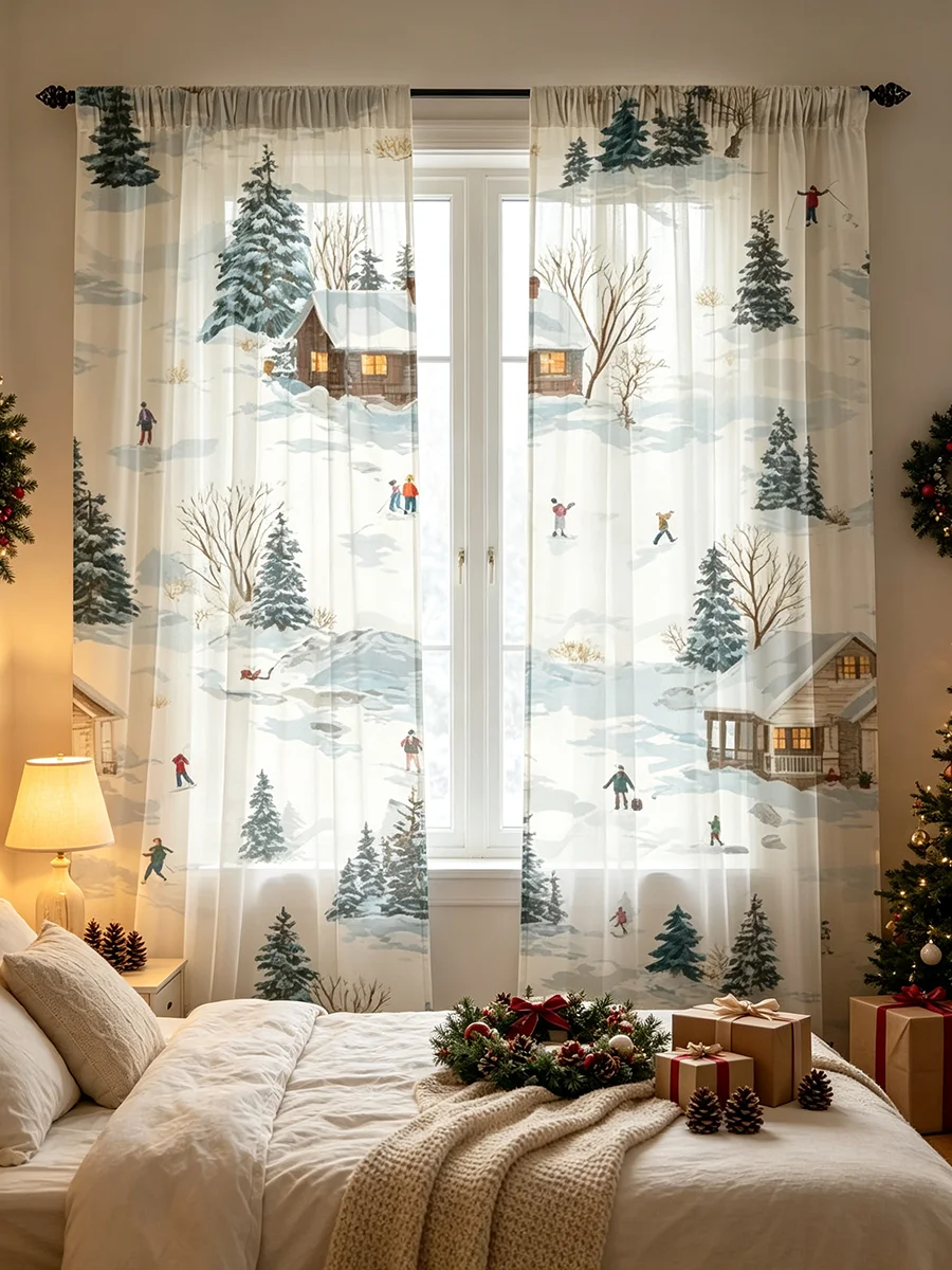 2PCS Christmas Winter Ski Cabin Print Curtains, Bedroom Living Room Kitchen Window Drapes, Rod Pocket Polyester, Home Decor