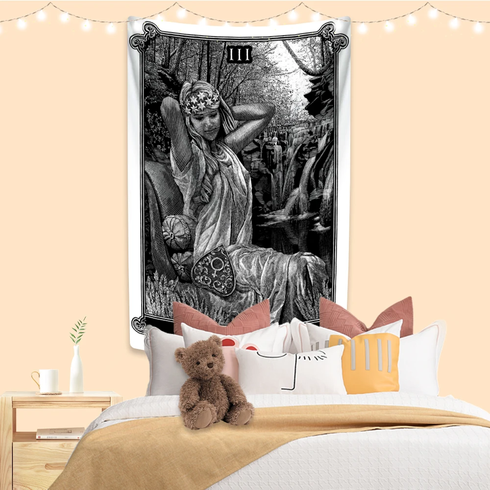 Tarot Witchcraft Tapestry Black And White Printed Boho Bedroom Dorm Decor Aesthetics Wall Hanging Background Cloth Yoga Mat