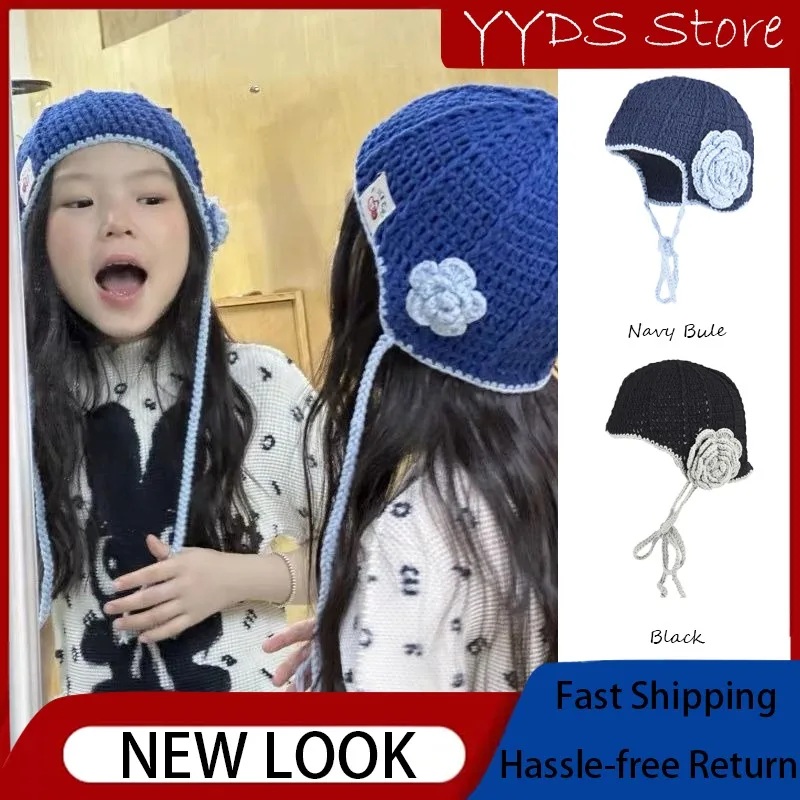 Autumn Winter Kids Crochet Earflap Hat Boho Handmade Flower Hollow Warm Parent-child Beanie Photo Prop Headwear