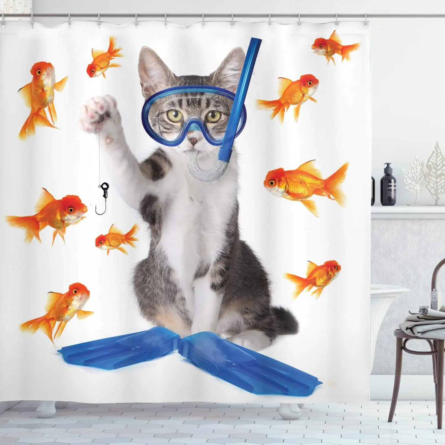 Cat Shower Curtain, Modern Spin on The Term Fishing Goldfish Hunting Humorous Art, Cloth Fabric Bathroom Decor Set with Hooks
