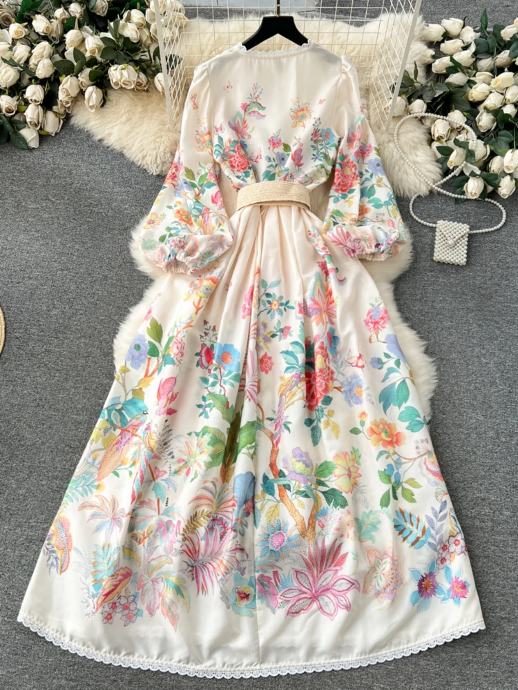 2024 Vestidos De Mujer Korean Print Dresses for Women V-neck Lantern Sleeve Robe Femme Vintage Slim Waist Temperament Dress Wj