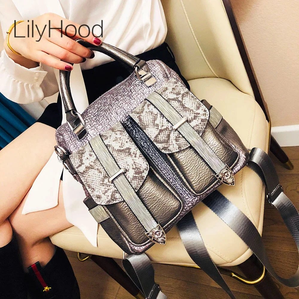 Women Trendy Vegan Leather Snake Pockets Backpack Bag Lady Fashion PU Artificial Leather Convertible Travel School Book Knapsack