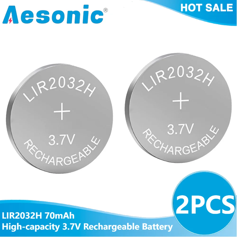 

2PCS LIR2032H 70mAh High-capacity 3.7V Coin Battery Rechargeable Lithium Battery Button Battery LIR2032 for Car Remote Watch Toy