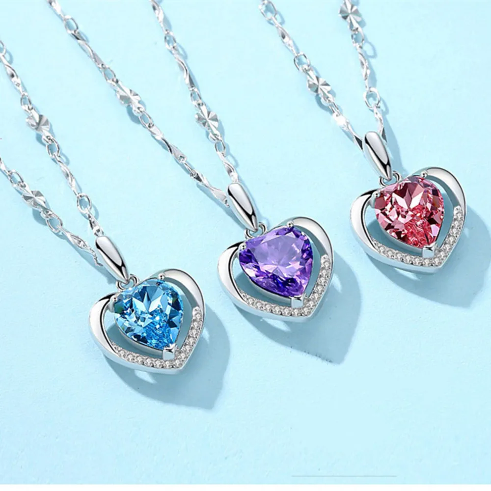 WOSIKATE Korean 925 Sterling Silver Heart Pendant Necklace For Women Fashion Jewellery Amethyst Sapphire Zirconia Chain Necklace