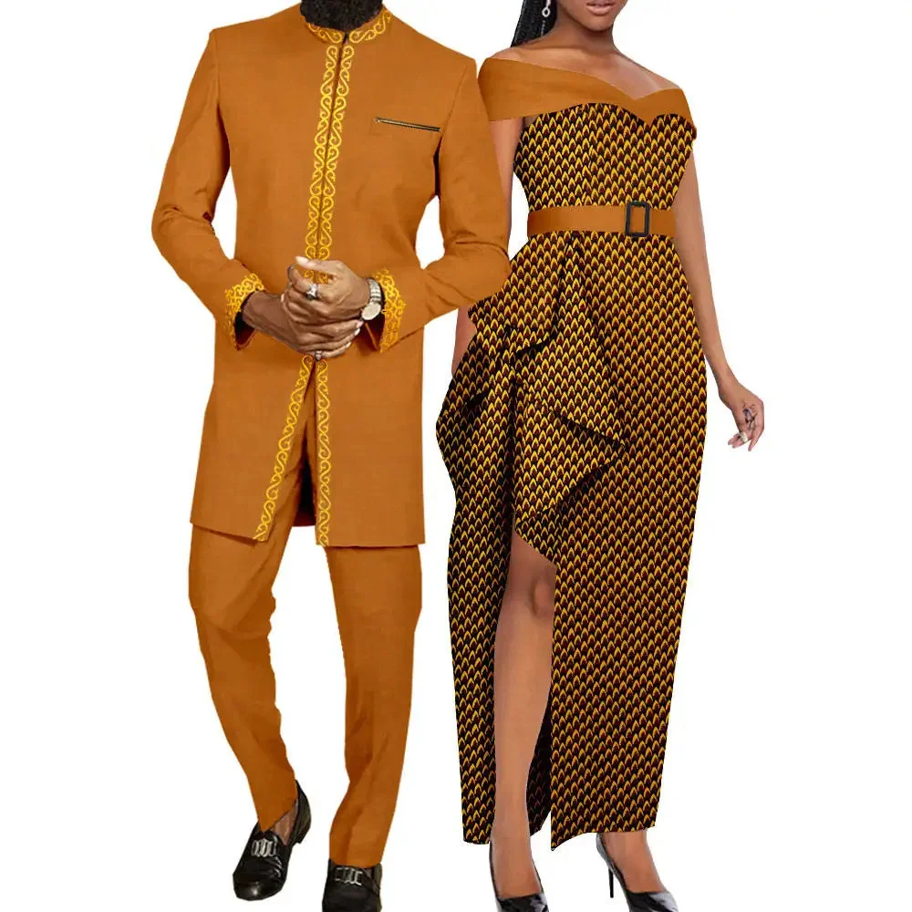 

African Print Dresses for Women Matching Couple Outfits Dashiki Men Long Top and Pants 2 Pieces Sets Costume Homme Party Wedding