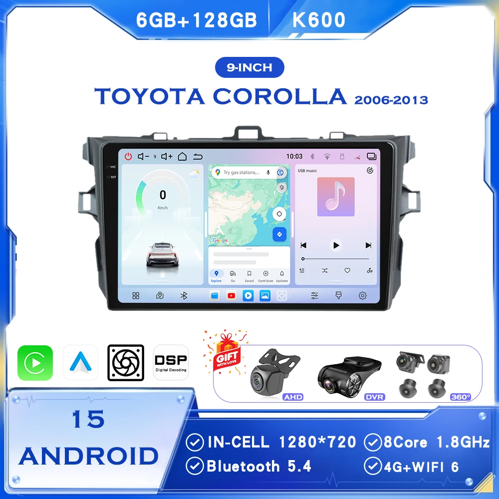

BINGFAN 9" Android 14 Car Radio 2 Din Multimedia Player FM GPS WiFi Wireless Carplay Touch Screen for Toyota Corolla 2007-2013