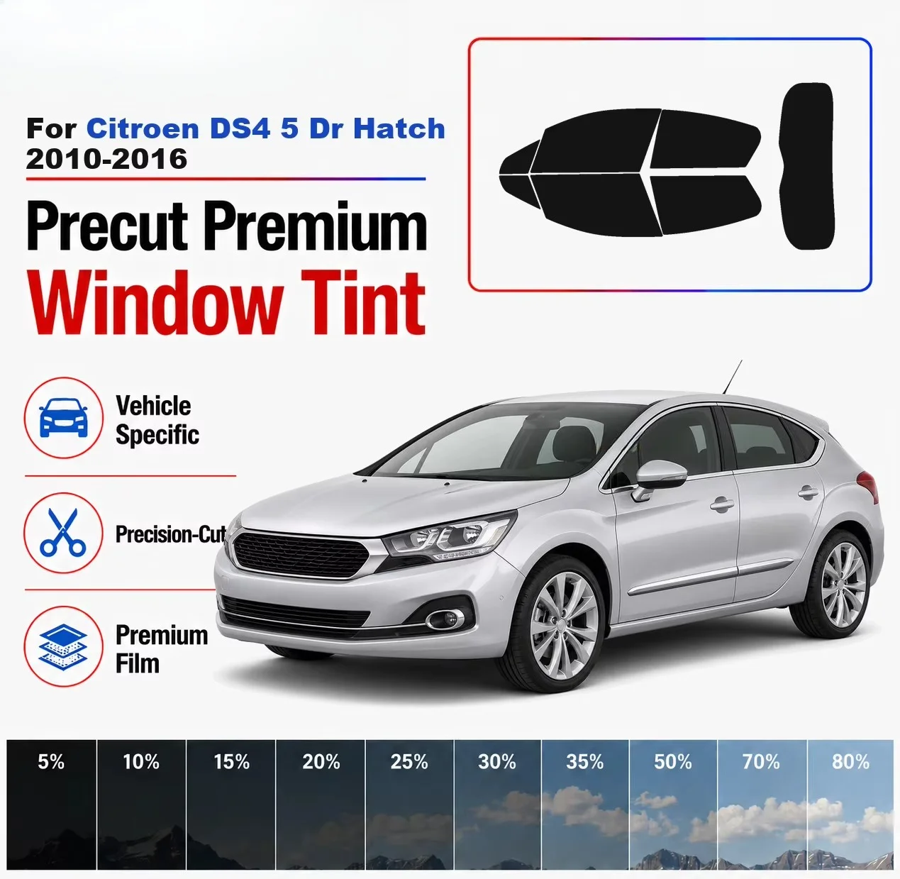 Premium Precut Window Tint Kit Front Windows Rear Windows Rear Windshield For Citroen DS4 5 Dr Hatch 2010-2016 Nano Ceramic Film