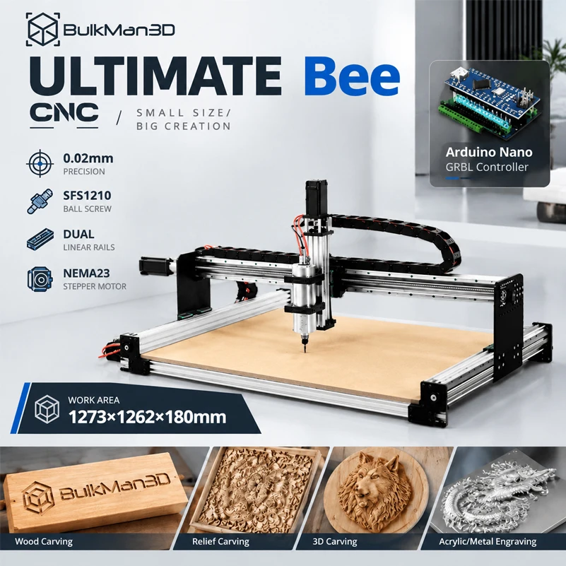 BulkMan3D ULTIMATE Bee 4-Axis CNC Engraver Machine GRBL Control Ball Screws HGR Rails Precision Engraving for Metal Wood PCB DIY