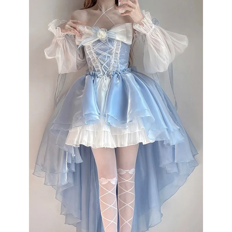 Coalfell Blue Lolita Dress Design Front Short Back Long Flower Wedding Bow Tie Big Trailing Princess Dress Daily Dress