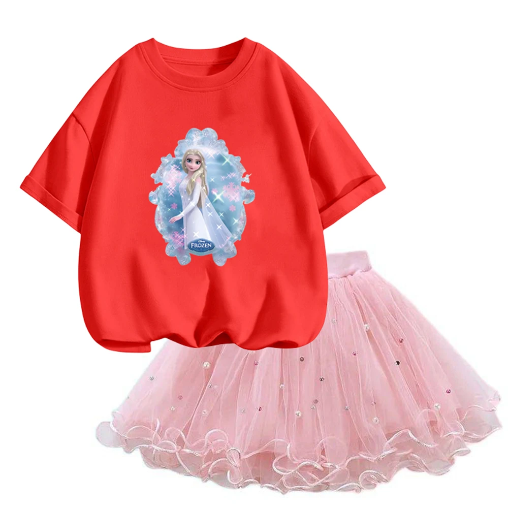 Summer 3-14 years Girls Frozen Clothing Elsa T Shirt& mesh Tutu Skirt Two Piece Set Fashion Korean Children Clothes Outfits