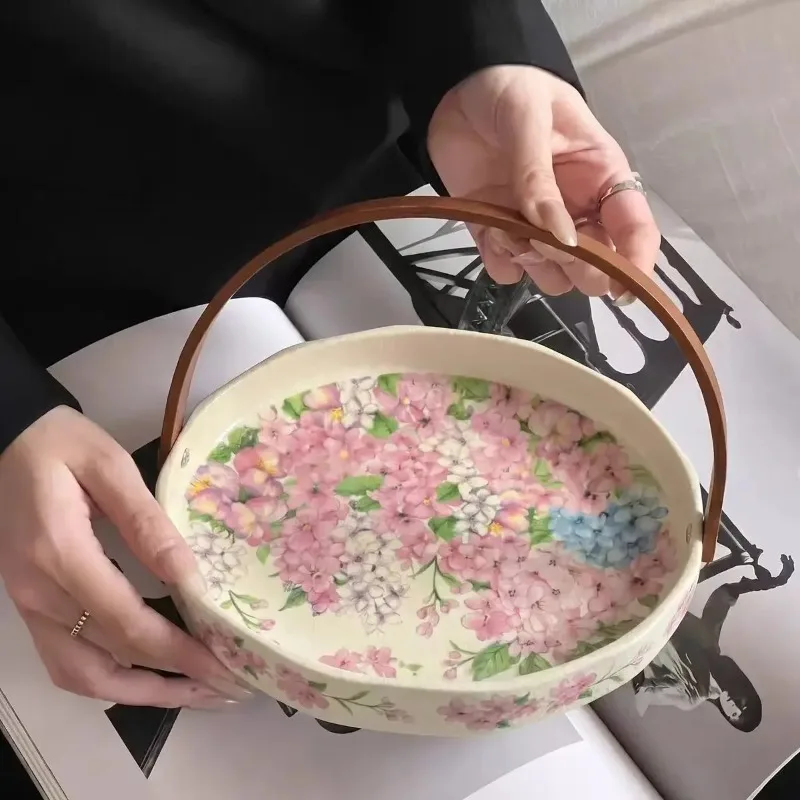 D10high-value Ceramic Portable Fruit Plate Household Living Room Coffee Table Fruit Basket French Light Luxury Snack Plate