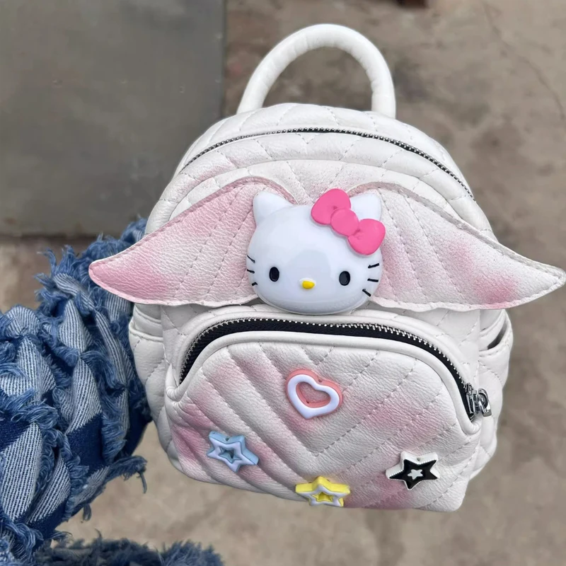 Sanrio Kawaii Kt Tie-dyed Wing Backpack Female Korean Version Of The Trend Rhombic Cute Girl Small Backpack Leisure Bag Gift