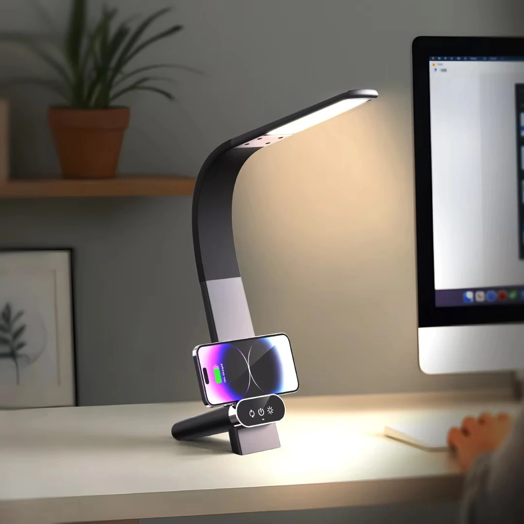 

Charging Dimmable RGB LED Desk Lamp with Premium 10w Wireless Charger CE/FCC/RoHS Certified 3-in-1 Multifunctional Charging