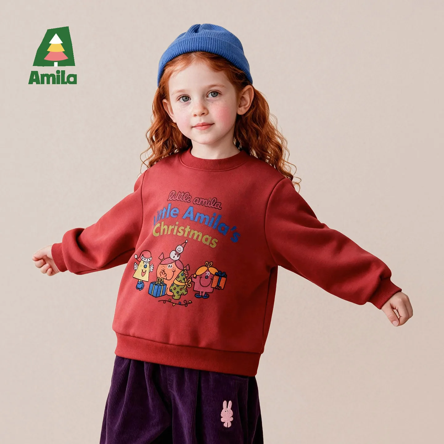 Amila 2026 Winter New Kids Sweatshirt Cute Fun Cartoon Print Crew Neck Extra Soft Warm Comfortable Cozy Daily Versatile Top