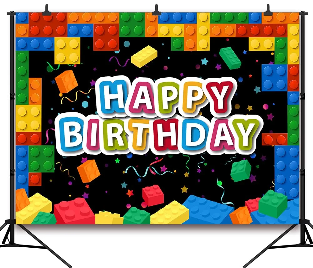 Building Blocks Backdrop Cartoon Greetings Happy Birthday Colorful Construction Bricks and Blocks Theme Background Vinyl