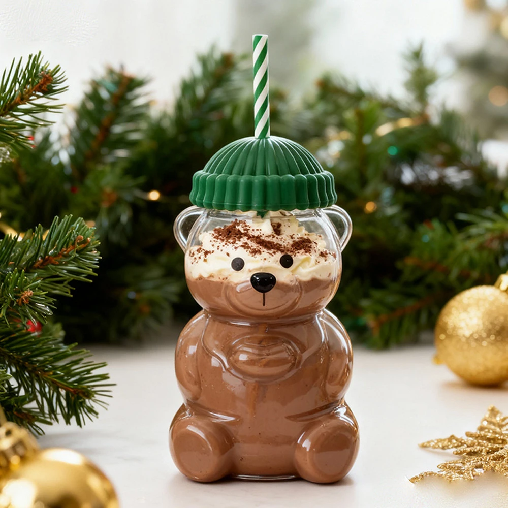 

Bear Shape Plastic Or Glass Cup With Straw Coffee Mug Cute Cartoon Creative Glass Juice Cup Tea Cup Drinkware New Year Decor