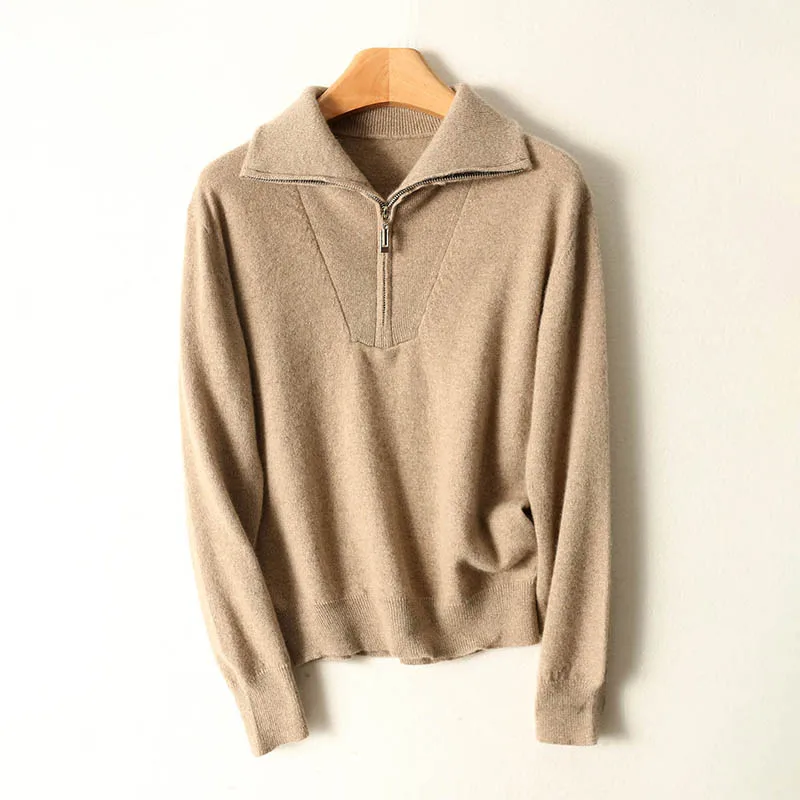 Шерстяной свитер, новинка 25 г., осенне-зимний вязаный свитер, утолщенный модный топ с высоким воротником и длинными рукавами на молнии с лацканами
