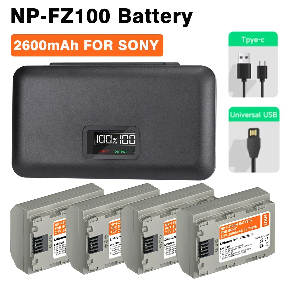 

2600mAh NP-FZ100 NPFZ100 NP FZ100 Type-C USB Rechargeable Battery For Sony A6600 A6700 A7m3 A9 a7R III a7 III A9R+LCD Charger