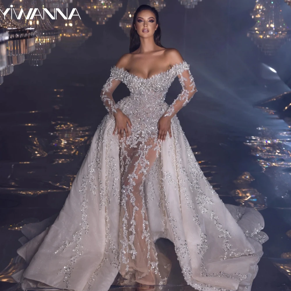 

Sexy Illusion Mermaid Wedding Dress With Detachable Train Sequined Pearls Bride Robe Off The Shoulder Bridal Gown Robe De Mariée