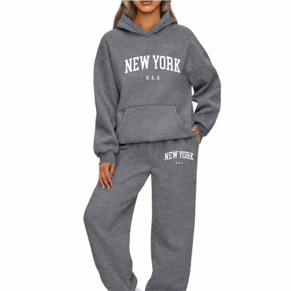 New York U.S.A City Hoodies Set Letter Graphic Print Men Woman Hoodie Set Sweatshirts Harajuku Pullover Unisex Tracksuit Set