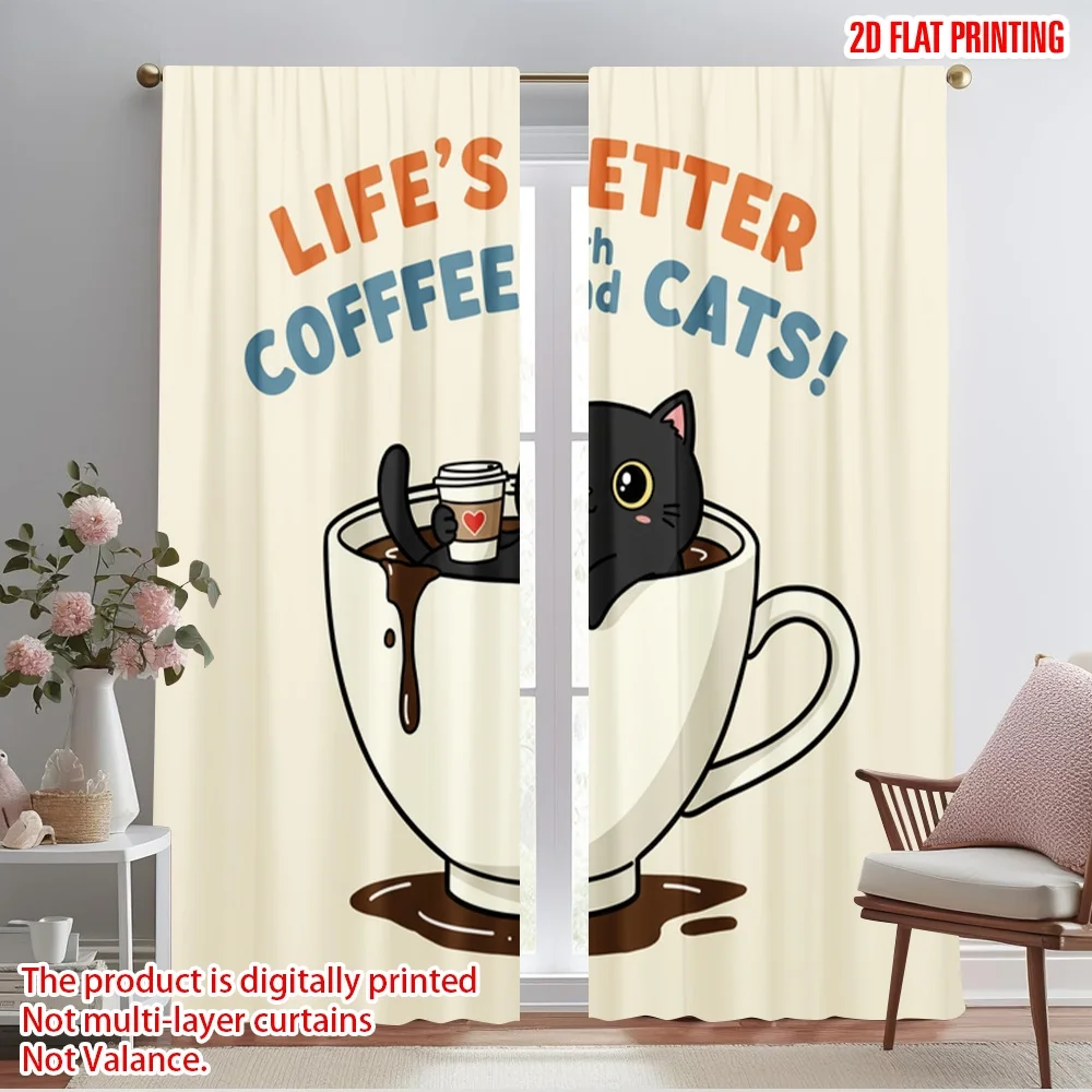 

2pcs 2D flat printing Curtains Life Better Coffee Cats Polyester Without Electricity Holiday Decorations for Parties and