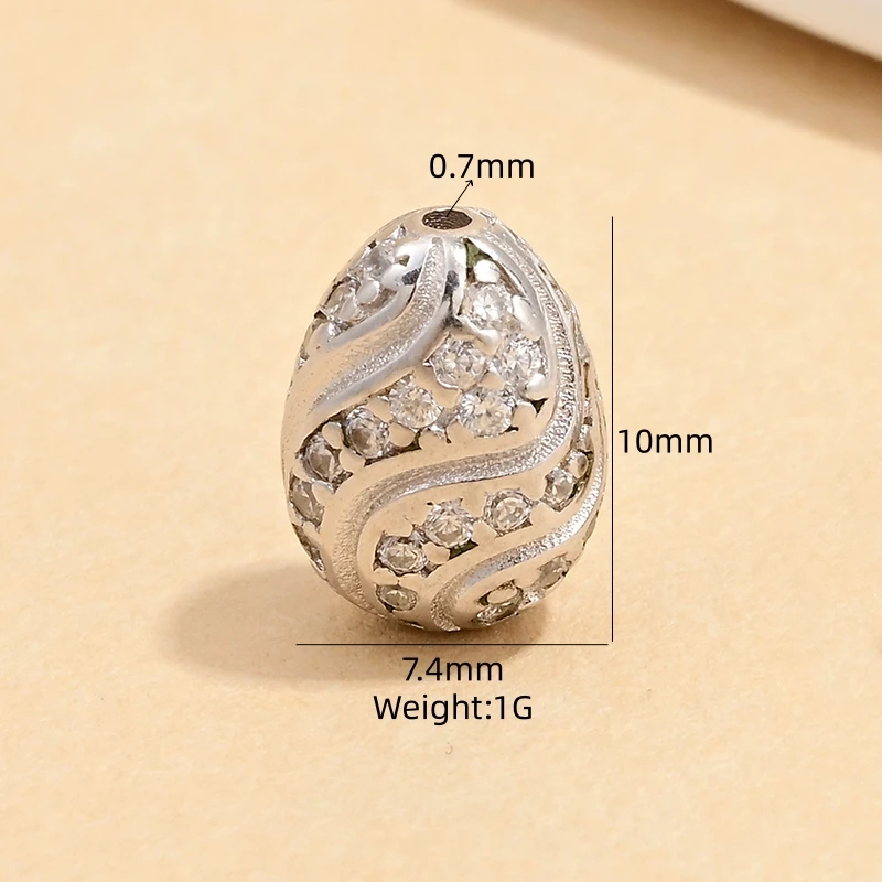 S925 Sterling Silver Flat Round Bead with Zirconia Oval Shaped Open Hole Spacer Openwork Ellipsoidal Pattern String SZ304
