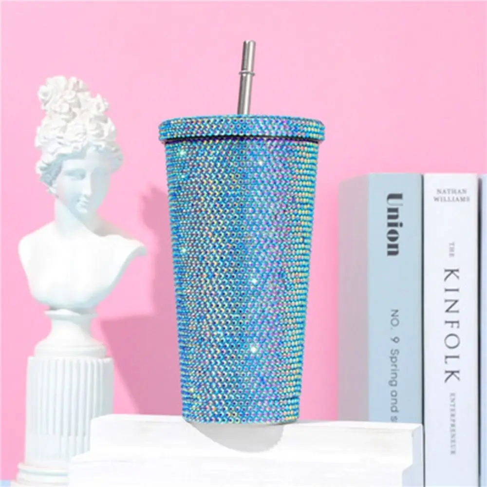 500ml/750ml Rhinestone Thermos Bottles Insulated Double Layer Vacuum Flasks Shining with Lid Straw Glitter Coffee Cup Home