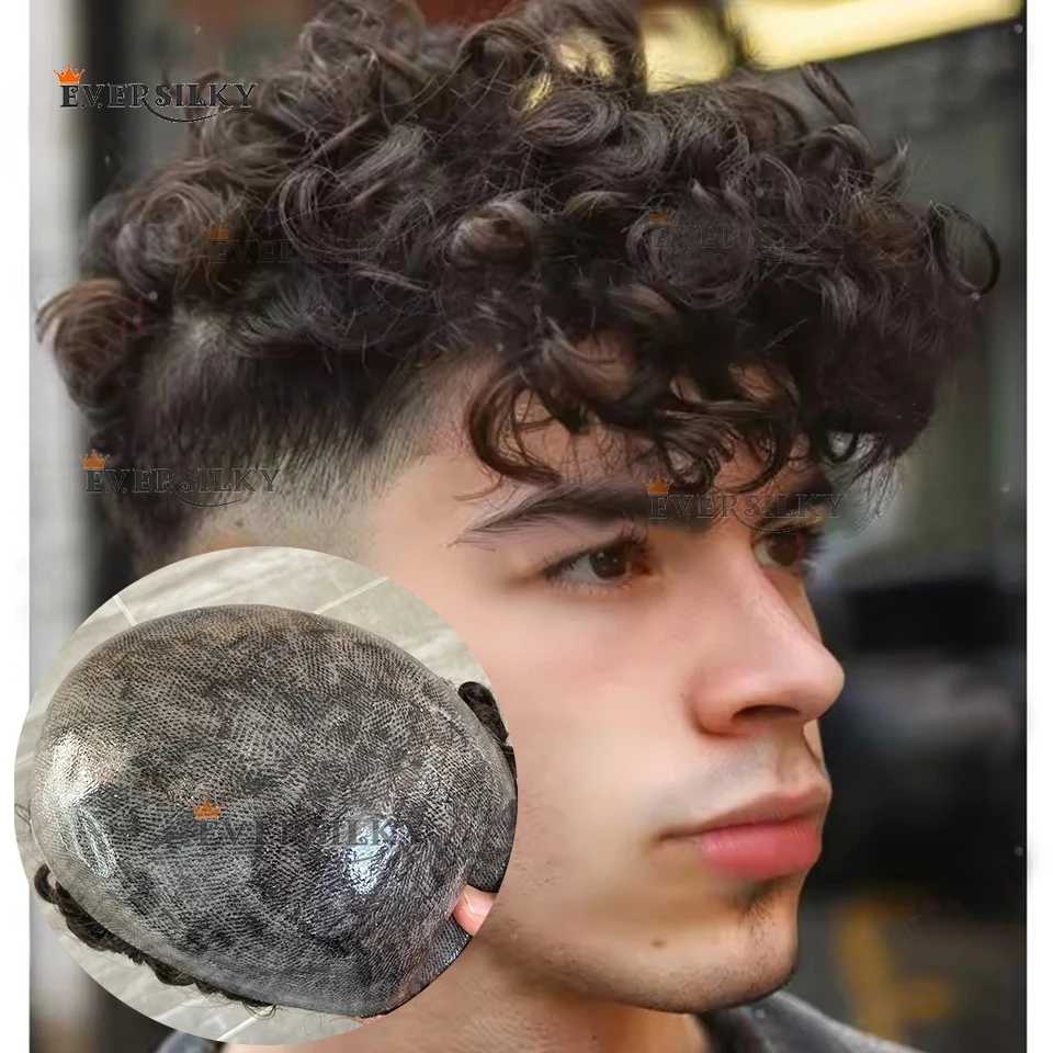 

24mm Curly Super Durable Microskin Mens Toupee Natural Hairline #4 #5 Brown Blonde Black Grey Human Hair Wigs Capillary Prosthes