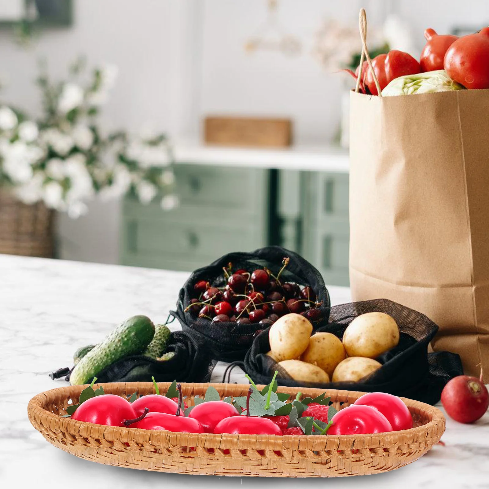 

Bamboo Fruit Tray Bread Woven Food Basket Weaving Round Dustpan Storage Plates Snack Baskets