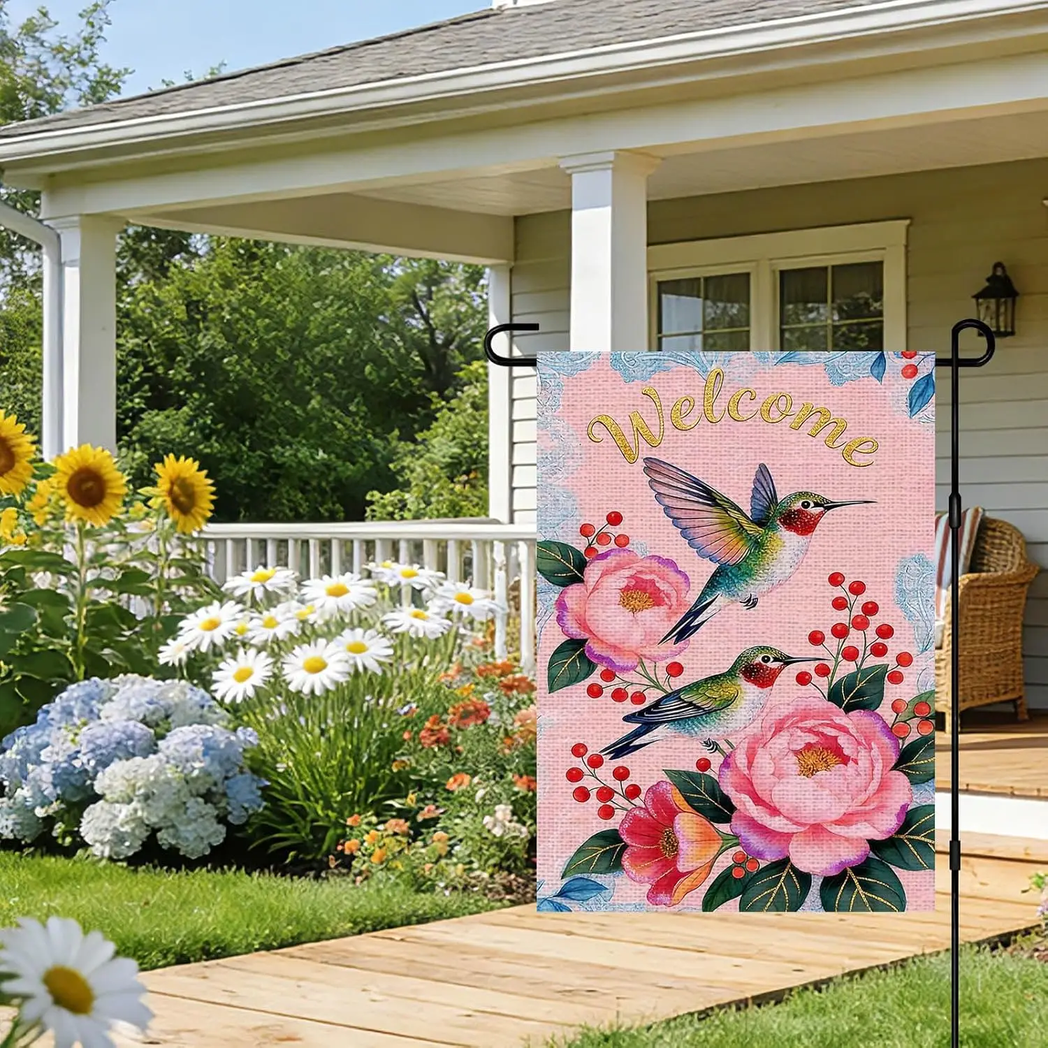 IVN Hummingbird Garden Flag 12x18 Inch – Welcome Floral Outdoor Flag, Double Sided Burlap Spring Summer Yard Flag for Porch  WWP