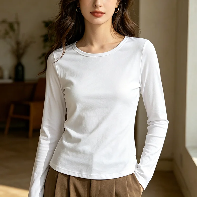 Summer Solid Color Slim Fit O-Neck Long Sleeve T-Shirt Casual Versatile Lightweight Breathable Top Waist Cinching Basic Style