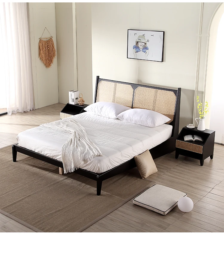 Artistic rattan bed Japanese style solid wood and white wax wood master bedroom Nordic double bed