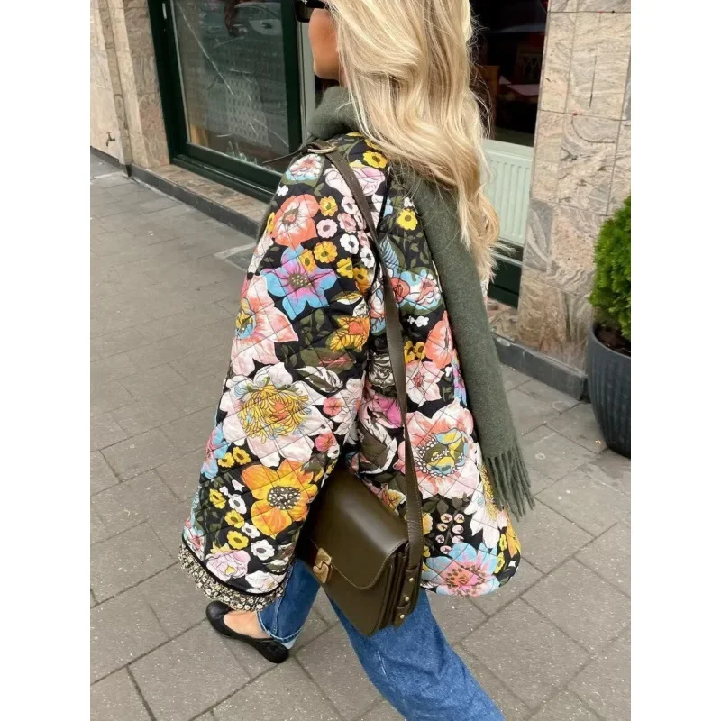 Vintage Floral Printed Cotton Coat Women Fleece Thick Warm Long Sleeve Loose Round Neck Single Breasted Quilted Jacket Women's