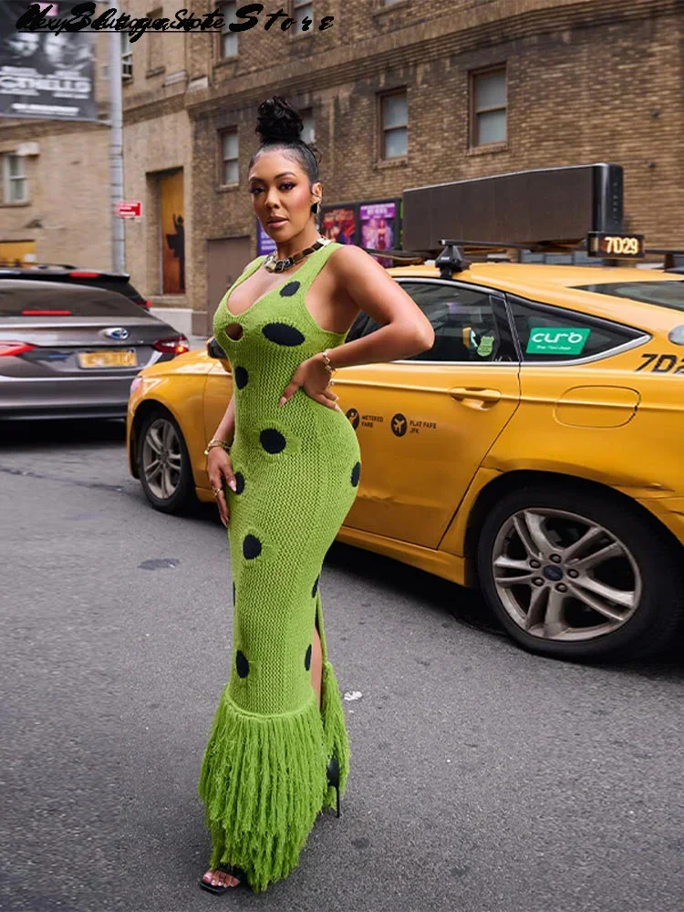 Mulheres sexy ver através de malha maxi vestido oco para fora profundo pescoço pote robes borla hem garfo festa vestidos 2025 nova senhora clube vestido